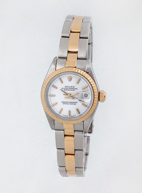 Reloj suizo sra. ROLEX Oyster Perpetual DateJust Ref. 69173 en caja 26 mm y brazalete President de acero y oro. Esfera blanca con baquetones y segundero central. Calendario. Movimiento automatico. Muy...