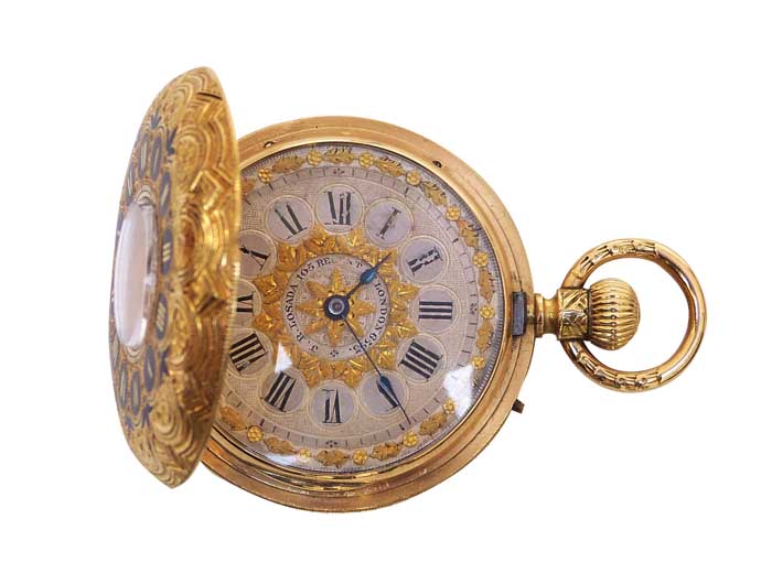 Goteo capitán cojo Reloj saboneta inglés J. R. LOSADA (Regent St. London), nº 6593, en caja  'cazador', 40 mm, de oro amarillo, de tres tapas, con una bella decoración  de guirnaldas y roleos con esmaltes.